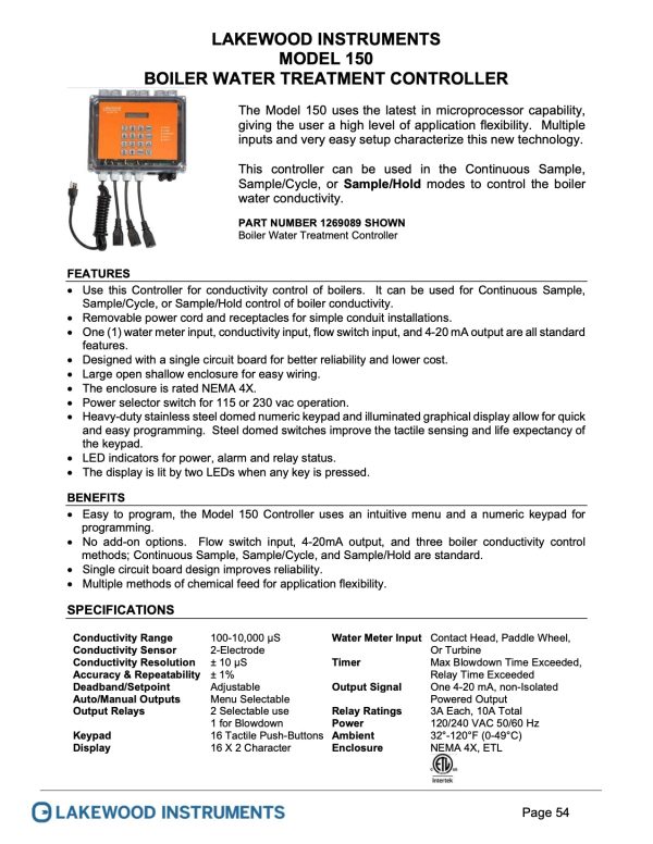 Boiler water TDS, controller Lakewood model 150 Online