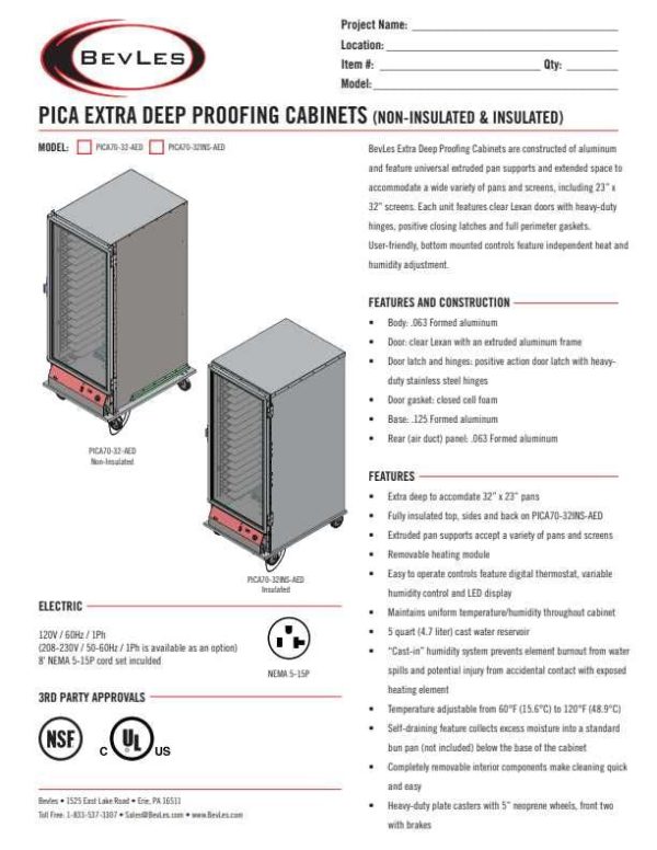 Bevles Extra Deep Proof-Box Model: PICA70-32INS-AED-1R2 (115V) Right Hinged 2 Door Proofing Cabinet (Insulated) Supply