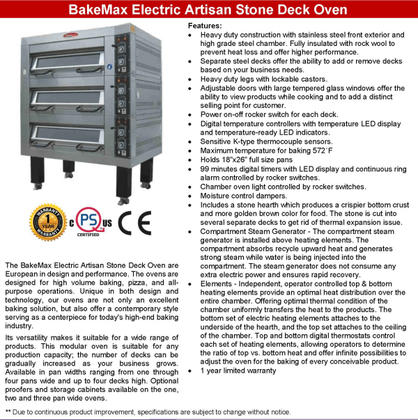 Bakemax Electric Artisan Stone Deck Ovens 1 Pan Wide, 1 to 4 decks Online Sale